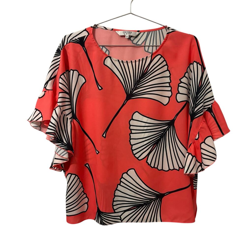 Crosby Ladies Coral Large Floral Print Dolman Flutter Sleeve Top Blouse XS